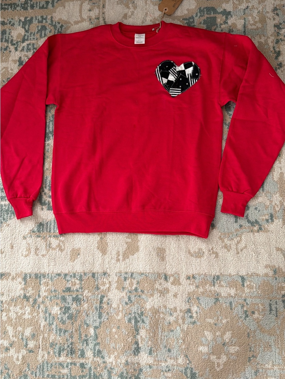 Women’s handmade patch Red Crewneck Sweatshirt with Black & White Heart Patch
